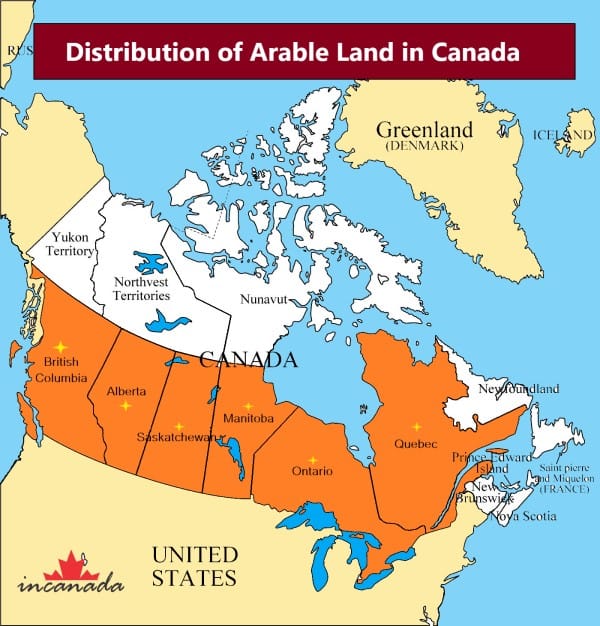 Map showing arable land in Canada by province