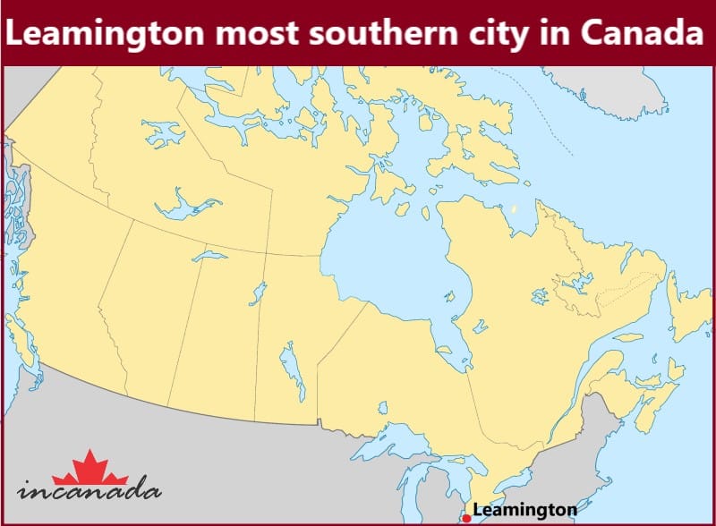 Location of the most southern city in Canada on a map