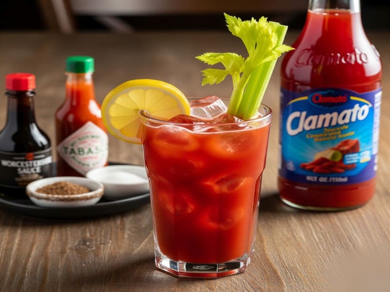 Tall glass of Clamato juice with ice, lemon wedge, celery stalk, and spices on the side