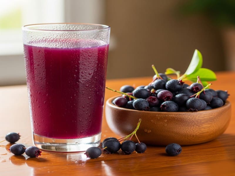 Tall glass of deep purple Saskatoon berry juice beside a bowl of fresh Saskatoon berries