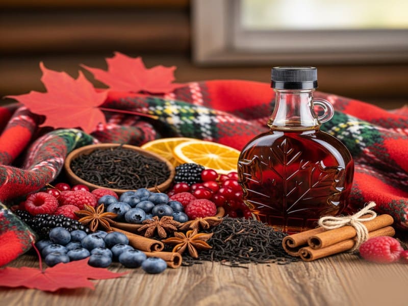 Maple syrup, fresh berries, herbal tea, and spices arranged with Canadian cultural items like tartan blankets and maple leaves