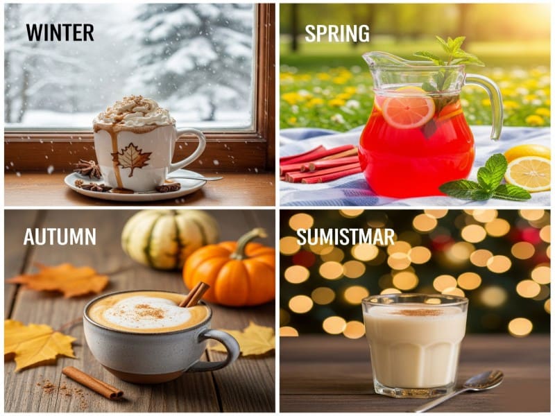 Four-part collage showing Canadian non-alcoholic drinks for each season: winter hot chocolate, spring rhubarb lemonade, autumn pumpkin spice latte, and festive holiday eggnog