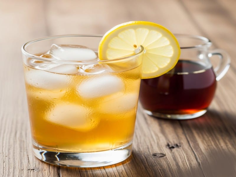 Glass of Canadian maple lemonade with ice, lemon slice, and a small jug of pure maple syrup on a wooden table