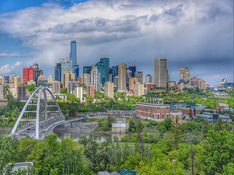 Aerial view of Edmonton skyline with River Valley park in Western Canada