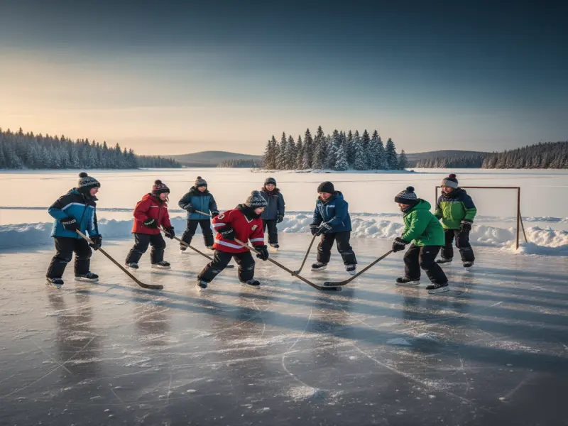 Children playing ice hockey on a frozen lake in Canada – national winter pastime