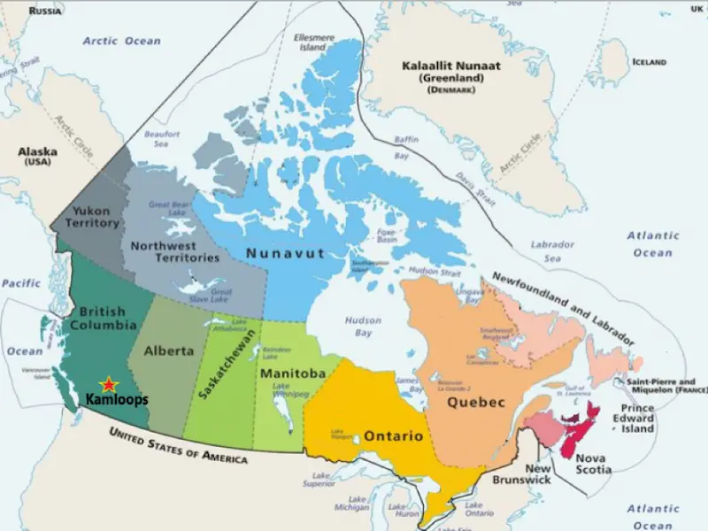 Map of Canada highlighting Kamloops, the hottest city in the country.